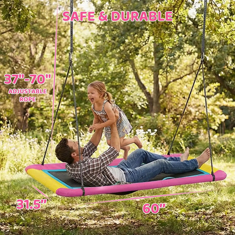 Father and daughter enjoying the 60 Inch Rectangle Platform Tree Swing for Kids and Adults in a backyard, featuring adjustable straps.