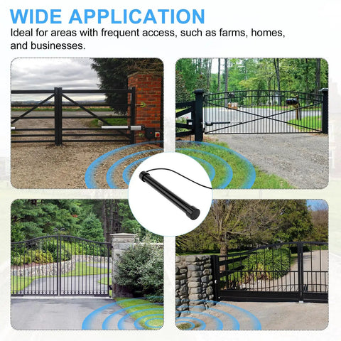 No Sweat Vehicle Sensor For Automatic Gate Opener With Extended Range Driveway Exit Wand shown in various gate applications outdoors.