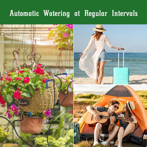 Solar Powered Automatic Drip Irrigation System Kit for DIY Gardens beside a flourishing hanging basket.