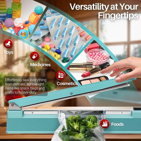 20 Inch Impulse Sealer With 750W Heating sealing broccoli in a bag, demonstrating versatility for toys, medicines, cosmetics, foods.