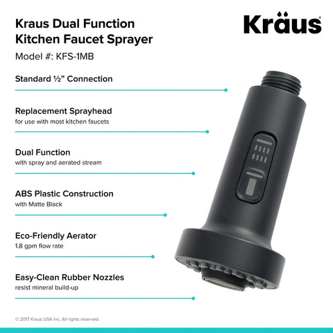 Dual Function Kitchen Faucet Sprayer in Matte Black With Spray And Stream Rocker Switch shown with features list