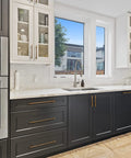 Modern kitchen with Antique Brass T Bar Cabinet Pulls Set Of 6 Knurled Zinc Alloy Handles, 12.6 Inch center to center spacing on black cabinets.