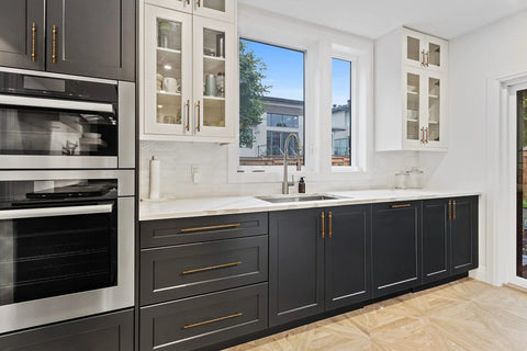 Modern kitchen with Antique Brass T Bar Cabinet Pulls Set Of 6 Knurled Zinc Alloy Handles, 12.6 Inch center to center spacing on black cabinets.