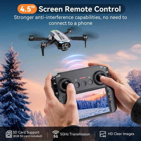 Dope Camera Drone With 4.5 Inch LCD Remote Screen in flight over snowy landscape, remote held by person