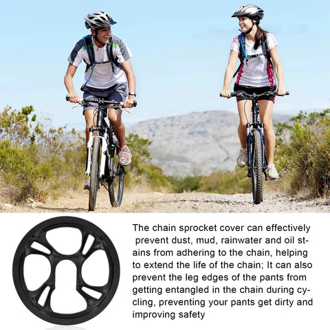 Two cyclists on trail with inset image of Bike Chain Guard Protector For 48T 4-Hole Cranks, Plastic Sprocket Guard