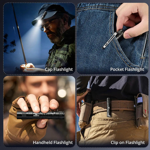 Ridiculously Bright 100000 Lumens USB C Rechargeable LED Flashlight With Long Range shown in cap, pocket, and handheld use