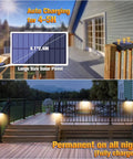 12 Pack Dope Solar Deck Lights Outdoor Waterproof Color Changing RGB Wall Fence Lights shown charging on deck and lit at night