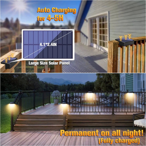 12 Pack Dope Solar Deck Lights Outdoor Waterproof Color Changing RGB Wall Fence Lights shown charging on deck and lit at night
