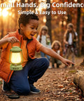 Child using Kids Lantern With 4 Color Dimmable Lights And USB C Charging in forest with squirrel, showcasing outdoor adventure use.