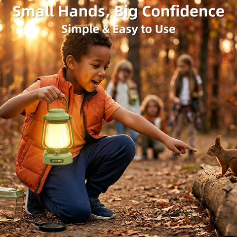 Child using Kids Lantern With 4 Color Dimmable Lights And USB C Charging in forest with squirrel, showcasing outdoor adventure use.