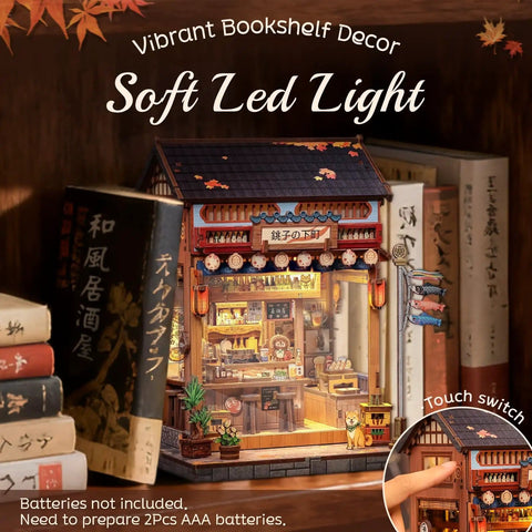 Dope DIY Japanese Izakaya Book Nook Kit For Adults Teens And Beginners, 3D Wooden Puzzle with LED showcasing a miniature izakaya scene