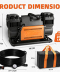 Heavy Duty 12V Dual Cylinder Portable Air Compressor Kit, dimensions and components shown, 150 PSI Max 12.35 CFM Air Flow