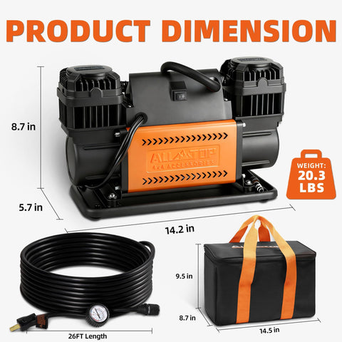 Heavy Duty 12V Dual Cylinder Portable Air Compressor Kit, dimensions and components shown, 150 PSI Max 12.35 CFM Air Flow