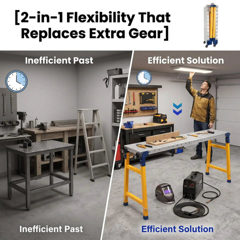 Rock Solid Foldable Welding Table With Height Adjustable Steel Top Collapsible Workbench Perfect For Small Garages With Slick Lock Mechanism That Makes Quick Storage A Breeze While Handling Heavy Loads Without A Sweat in a garage setting, showcasing 2-in-1 flexibility and efficient workspace.