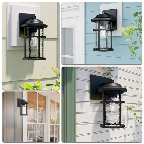 Modern Outdoor Wall Light With Seeded Glass Shade, Waterproof Anti Rust Black Exterior Sconce for Front Porch