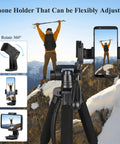 74 Inch Aluminum Camera Tripod For Cameras And Phones with adjustable phone holder displayed on rocky outdoor path.