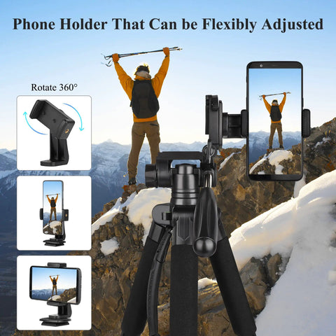 74 Inch Aluminum Camera Tripod For Cameras And Phones with adjustable phone holder displayed on rocky outdoor path.