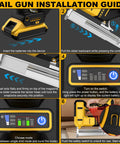 Nail Gun Installation Guide steps showing how to use No Sweat Battery Powered 18 Gauge Cordless Brad Nailer With 1000 Brads Fits DeWalt 20V Max Packs.