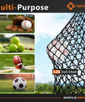 Multi-purpose netting showcasing 1.25 inch mesh with sports balls including baseball, tennis, football, and soccer ball.