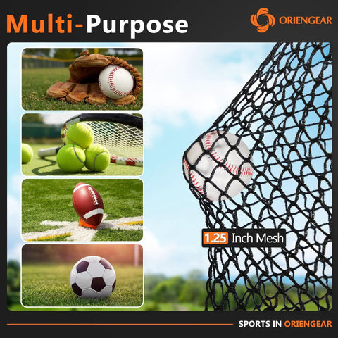Multi-purpose netting showcasing 1.25 inch mesh with sports balls including baseball, tennis, football, and soccer ball.