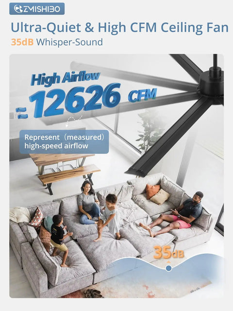 84 Inch Large Ceiling Fan Without Light With 8 Aluminum Blades 6 Speed Remote Quiet DC Motor Industrial Indoor Outdoor Fan for Patio Garage Shop Black Finish showcasing high airflow in a living room.