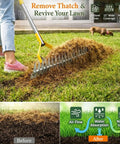 Easy Lawn Thatch Rake For Moss And Dead Grass Dual Action Dethatcher And Scarifier Tool in use on green lawn