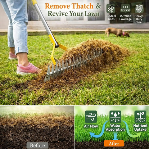 Easy Lawn Thatch Rake For Moss And Dead Grass Dual Action Dethatcher And Scarifier Tool in use on green lawn