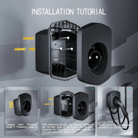 Tough As Nails Wall Mount EV Charger Holder And Cable Organizer Set With Adjustable Nozzle Holster Dock For SAE J1772 installation tutorial showing assembly parts.