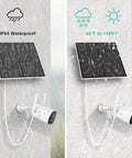 5W Outdoor USB Solar Panel For Security Cameras With Micro USB And USB-C, showing IP65 waterproof features in rain and snow