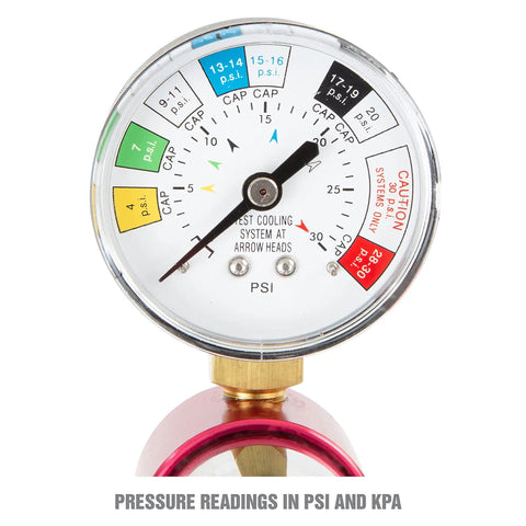 Close-up of gauge from Radiator Pressure Test Kit For Coolant System Leaks With Adapters, Easy To Use Cap And Coolant Pressure Tester.