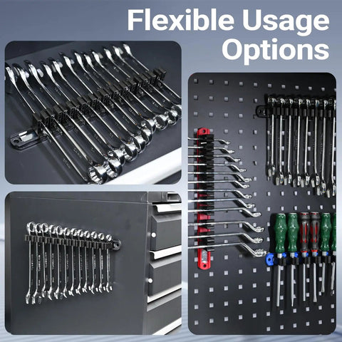 Heavy Duty Magnetic Wrench And Screwdriver Organizer For Workshop And Garage, Space Saving Tool Rack shown in various installations