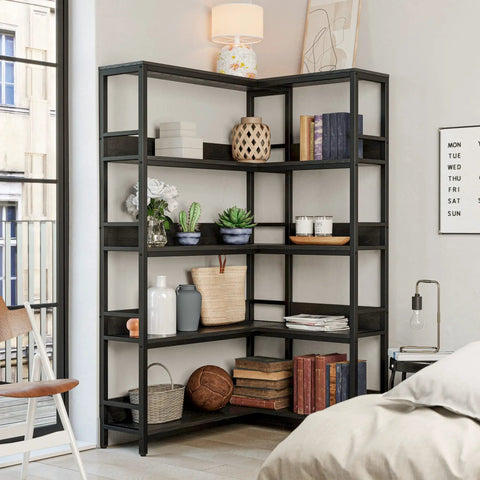 FiveTier Industrial Corner Bookshelf With HeavyDuty Metal Frame L Shaped Storage Rack For Cramped Corners Solid Bookcase Organizer To Level Up Home Office Or Living Room Decor