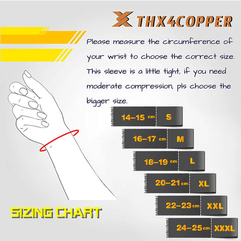Sizing chart for Copper Infused Compression Wrist Sleeve For Men And Women Boost Circulation And Recovery All Day Comfort Odor Resistant No Sweat Up To 96 Hours 1 Pair Everyday Wear And Recovery Support