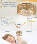 Retro BoHo Flush Mount Ceiling Fan With Open Caged Design And Integrated Warm Led Lighting in a cozy bedroom environment.