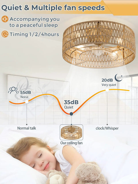 Retro BoHo Flush Mount Ceiling Fan With Open Caged Design And Integrated Warm Led Lighting in a cozy bedroom environment.
