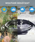 Black weather-resistant cable surrounded by icons indicating sunproof, windproof, snowproof, and rainproof features.