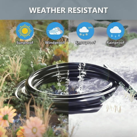 Black weather-resistant cable surrounded by icons indicating sunproof, windproof, snowproof, and rainproof features.