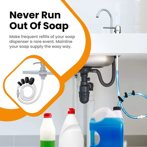 Soap Dispenser Conversion Kit With Kitchen Sink Extension Tube Lets You Pump Direct From The Big Bottle Fits Most Containers Made In USA No More Soap Shortages Easy Install For Home Kitchens And Busy Hands under-sink setup with tubes and bottles