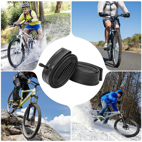 Collage of cyclists and 2-Pack 27.5 Inch Heavy Duty Bike Tubes 27.5x1.75 to 2.40 AV Schrader Valve 32mm 45 62 584 Inner Tubes