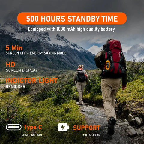 Hikers with backpacks on mountain trail highlighting Go-To Portable 3 In 1 CO Detector With Temperature And Humidity Readouts