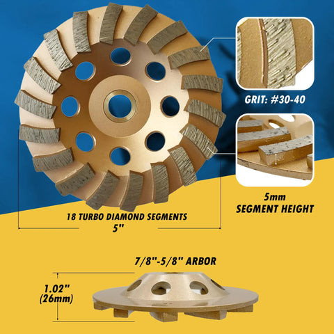 5 Inch Diamond Grinding Wheel For Concrete And Masonry With 18 Turbo Segments Grit 30/40 Medium Bond Pro Grade Arbor From 7/8 To 5/8 Inch For Wet Or Dry Use On Handheld Angle Grinders