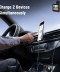 Road Ready Dual Port USB C Car Charger Pumping Out 27W Fast Charge With A Rock Solid Ninety Degree Swivel Plug and Simple Toggle Switch For Dashcams Phones And Navs Over 11.5 Feet Worth Of Cable, charging two devices in car