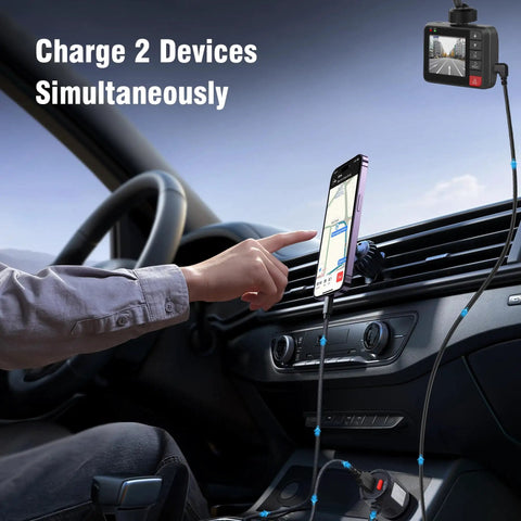 Road Ready Dual Port USB C Car Charger Pumping Out 27W Fast Charge With A Rock Solid Ninety Degree Swivel Plug and Simple Toggle Switch For Dashcams Phones And Navs Over 11.5 Feet Worth Of Cable, charging two devices in car