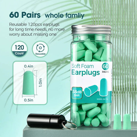 Soft Sleep Ear Plugs With Aluminum Case 120 Count High Noise Cancelling Earplugs displayed with size and carrying case
