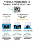 Image showing different sizes of screen wipes with dimensions and ideal usage for electronics, TVs, monitors, and smaller devices.