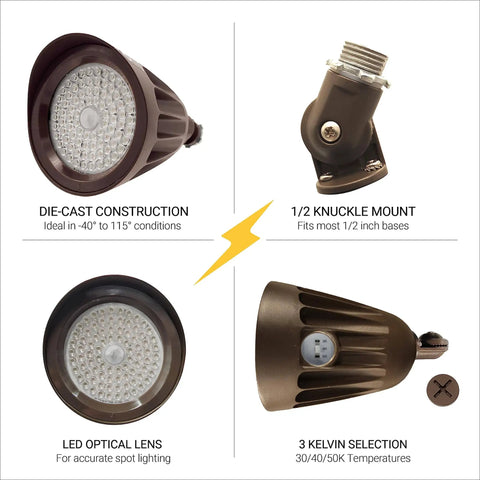 Bronze 25W Bullet Outdoor LED Spotlight Flood Light For Yard And Garden 3500 Lumens Color Temp 3000K 4000K 5000K Selectable Half Inch Knuckle Mount 120 To 277 Volts IP67 Waterproof DLC Certified Landscape Lighting with die-cast construction and LED optical lens.