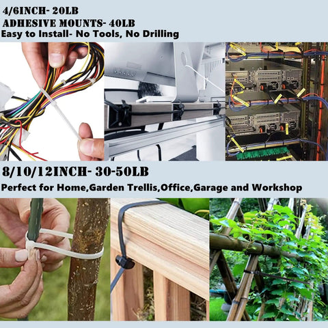 Must Have 300 Piece Zip Tie Set With Assorted Sizes From 4 To 12 Inches Self Locking Nylon Cable Ties With Adhesive Mounts Multi Purpose Easy To Install For Home Office Auto Projects shown in various uses including bundling cables and garden trellis setup
