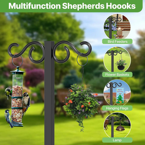 Heavy Duty Garden Hose Holder With Dual Side Hooks And Freestanding Shepherd Hook for Outdoors with bird feeders and plants