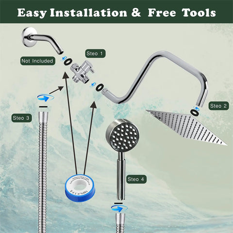 Installation steps for 6 Inch All Metal Rainfall Shower Head With Handheld, showing diverter, hose, and shower head components.