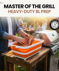 Person using Two Pack 8L Collapsible BBQ Prep Tub With Upgraded Locking Lid Multifunction Camping Cutting Board And Meat Storage Container Perfect For Grilling Outdoor Cooking Meal Prep Tailgate Grub And Picnics beside grill